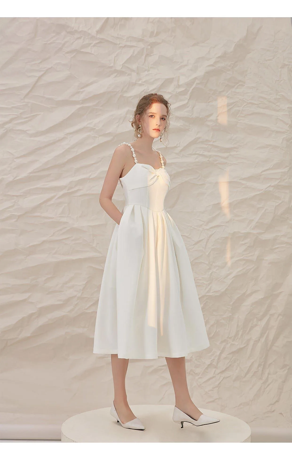Luxury French retro elegant white midi wedding texture backless dress - Stila