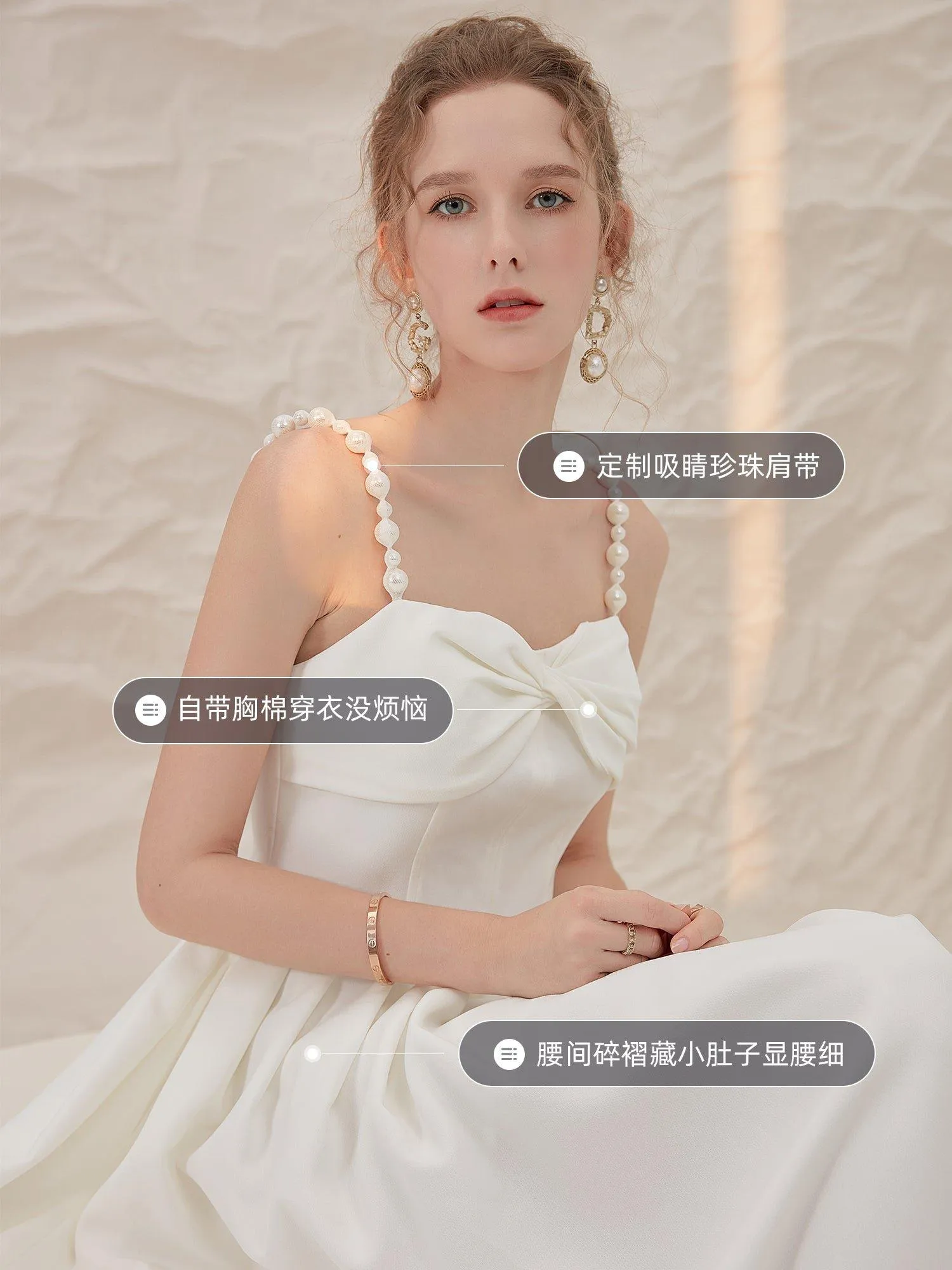 Luxury French retro elegant white midi wedding texture backless dress - Stila
