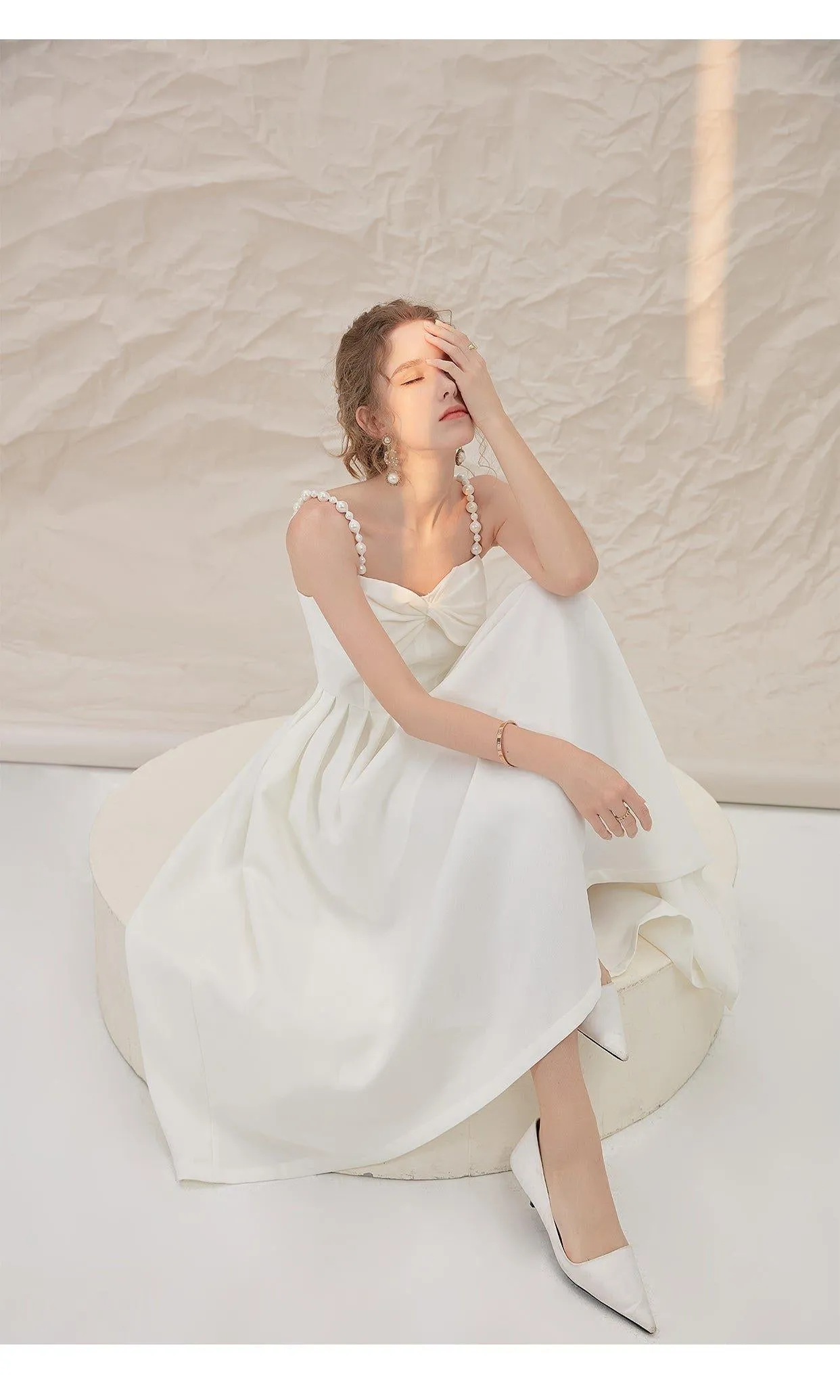 Luxury French retro elegant white midi wedding texture backless dress - Stila