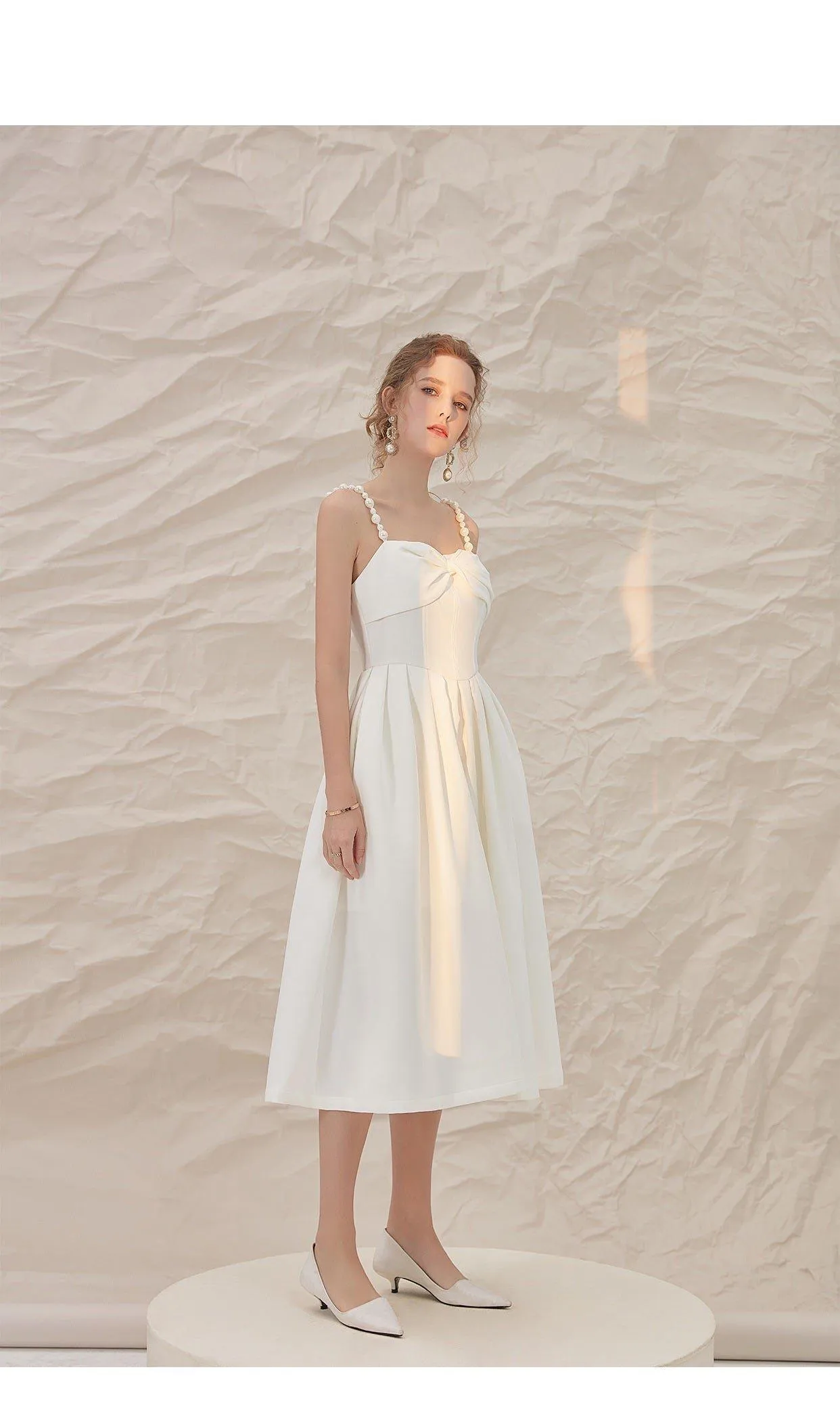 Luxury French retro elegant white midi wedding texture backless dress - Stila