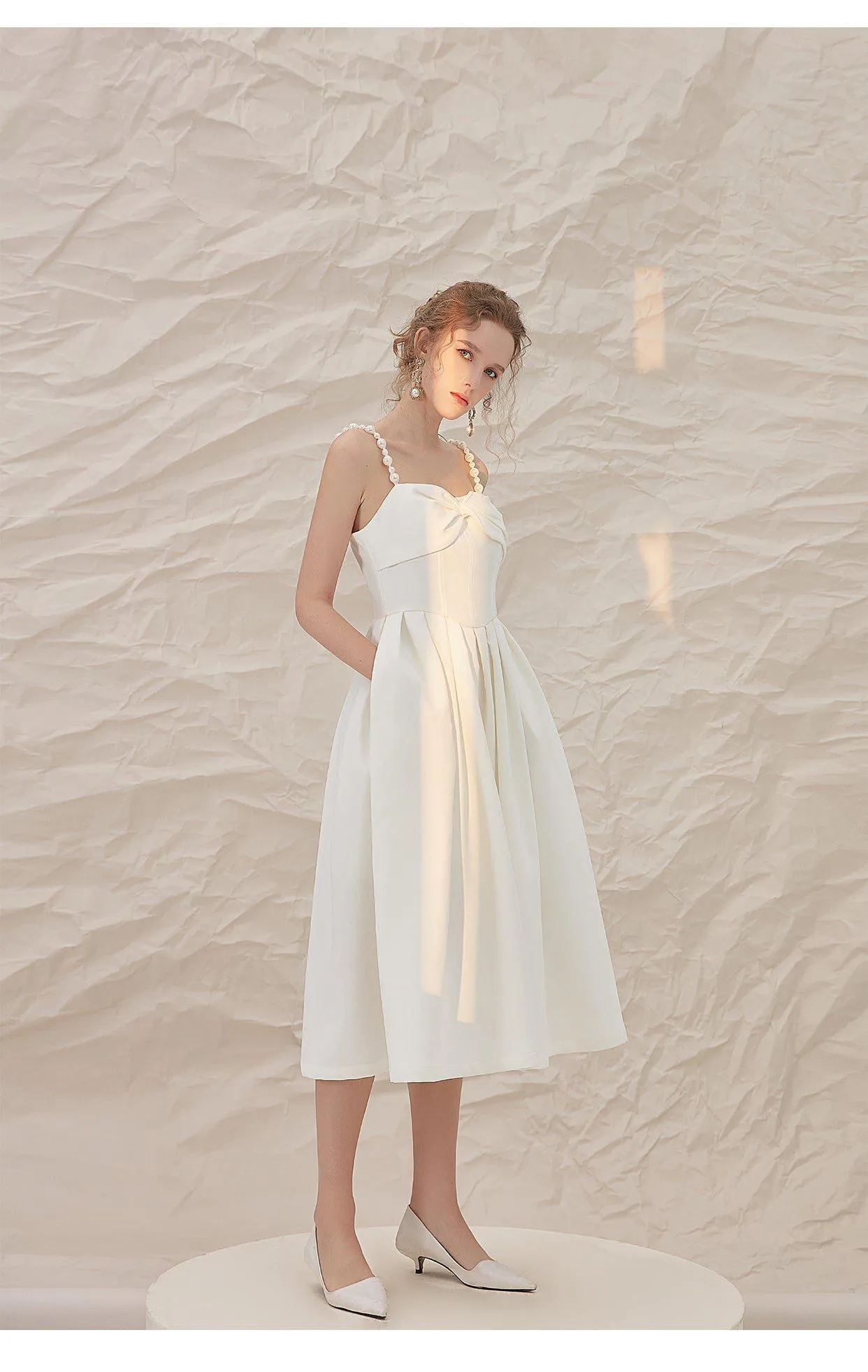 Luxury French retro elegant white midi wedding texture backless dress - Stila