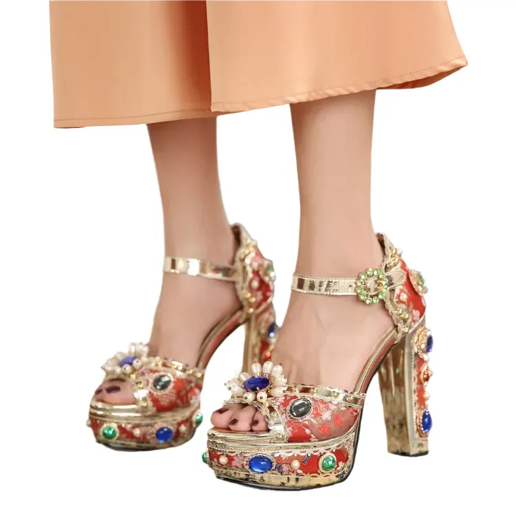 Luxury Pearl Rhinestone Sunflower High Heels – 14cm Open Toe Wedding Sandals for Brides, Retro Sexy Summer Shoes (Size 34-43)