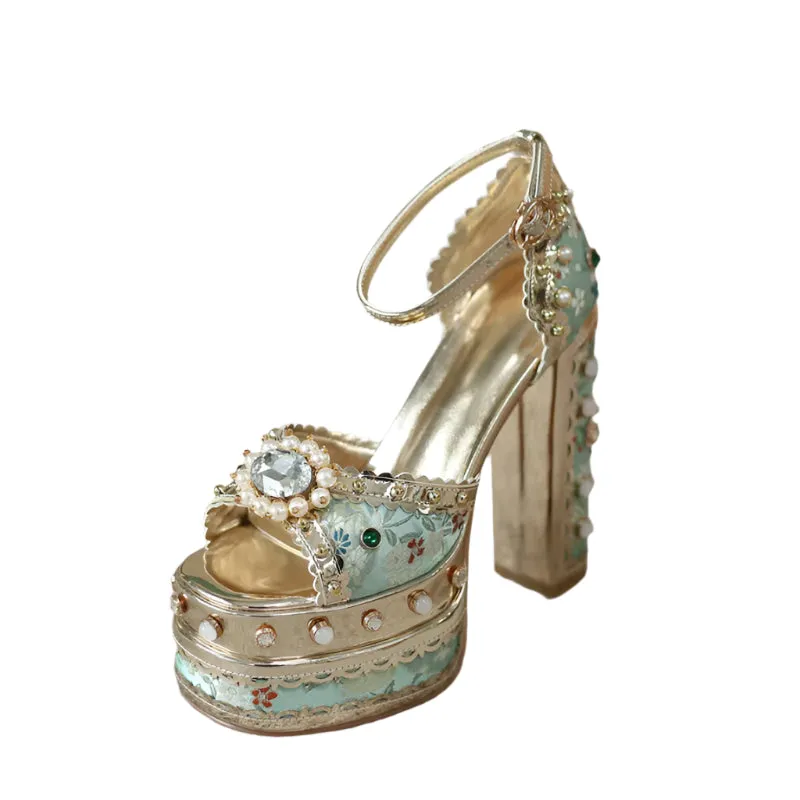 Luxury Pearl Rhinestone Sunflower High Heels – 14cm Open Toe Wedding Sandals for Brides, Retro Sexy Summer Shoes (Size 34-43)