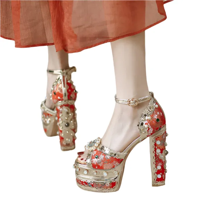 Luxury Pearl Rhinestone Sunflower High Heels – 14cm Open Toe Wedding Sandals for Brides, Retro Sexy Summer Shoes (Size 34-43)