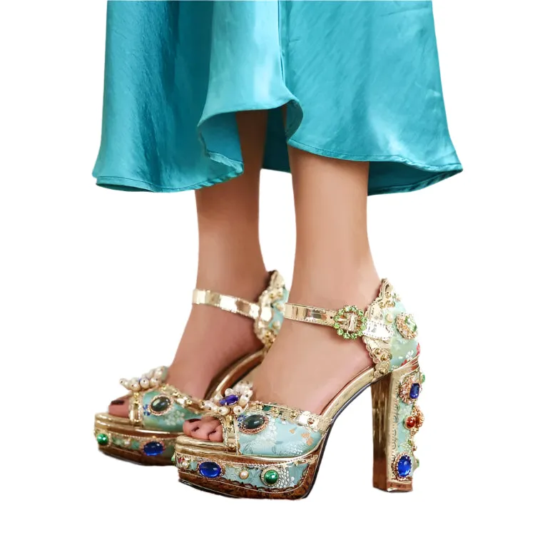 Luxury Pearl Rhinestone Sunflower High Heels – 14cm Open Toe Wedding Sandals for Brides, Retro Sexy Summer Shoes (Size 34-43)