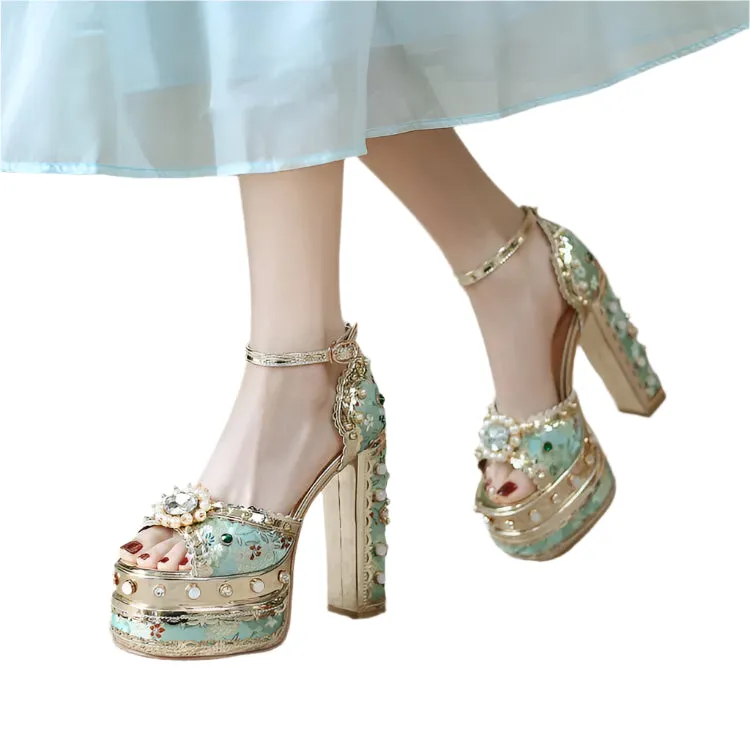 Luxury Pearl Rhinestone Sunflower High Heels – 14cm Open Toe Wedding Sandals for Brides, Retro Sexy Summer Shoes (Size 34-43)