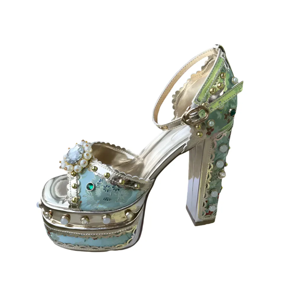 Luxury Pearl Rhinestone Sunflower High Heels – 14cm Open Toe Wedding Sandals for Brides, Retro Sexy Summer Shoes (Size 34-43)