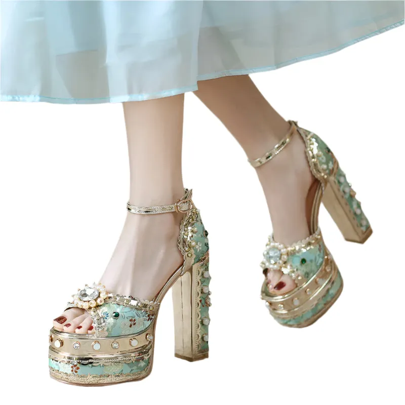 Luxury Pearl Rhinestone Sunflower High Heels – 14cm Open Toe Wedding Sandals for Brides, Retro Sexy Summer Shoes (Size 34-43)