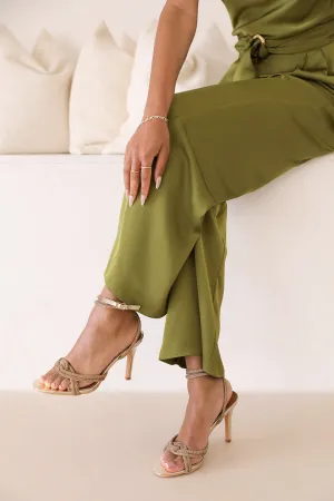 MADON DIAMANTE KNOT DETAIL WITH CROSS OVER ANKLE STRAP HIGH HEELS IN GOLD CHROME