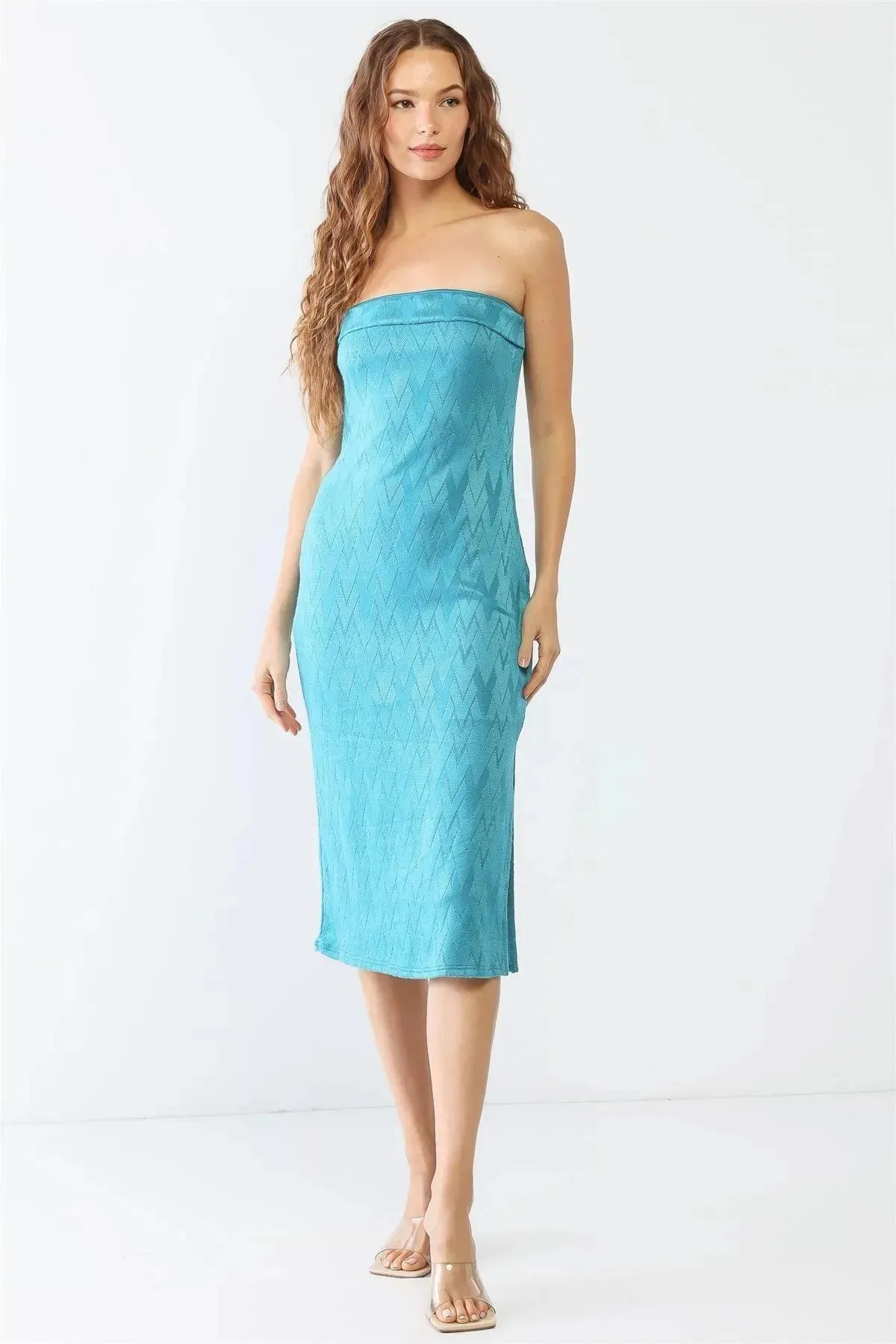 Magenta & Jade Geo Print Strapless Side Slit Midi Dress