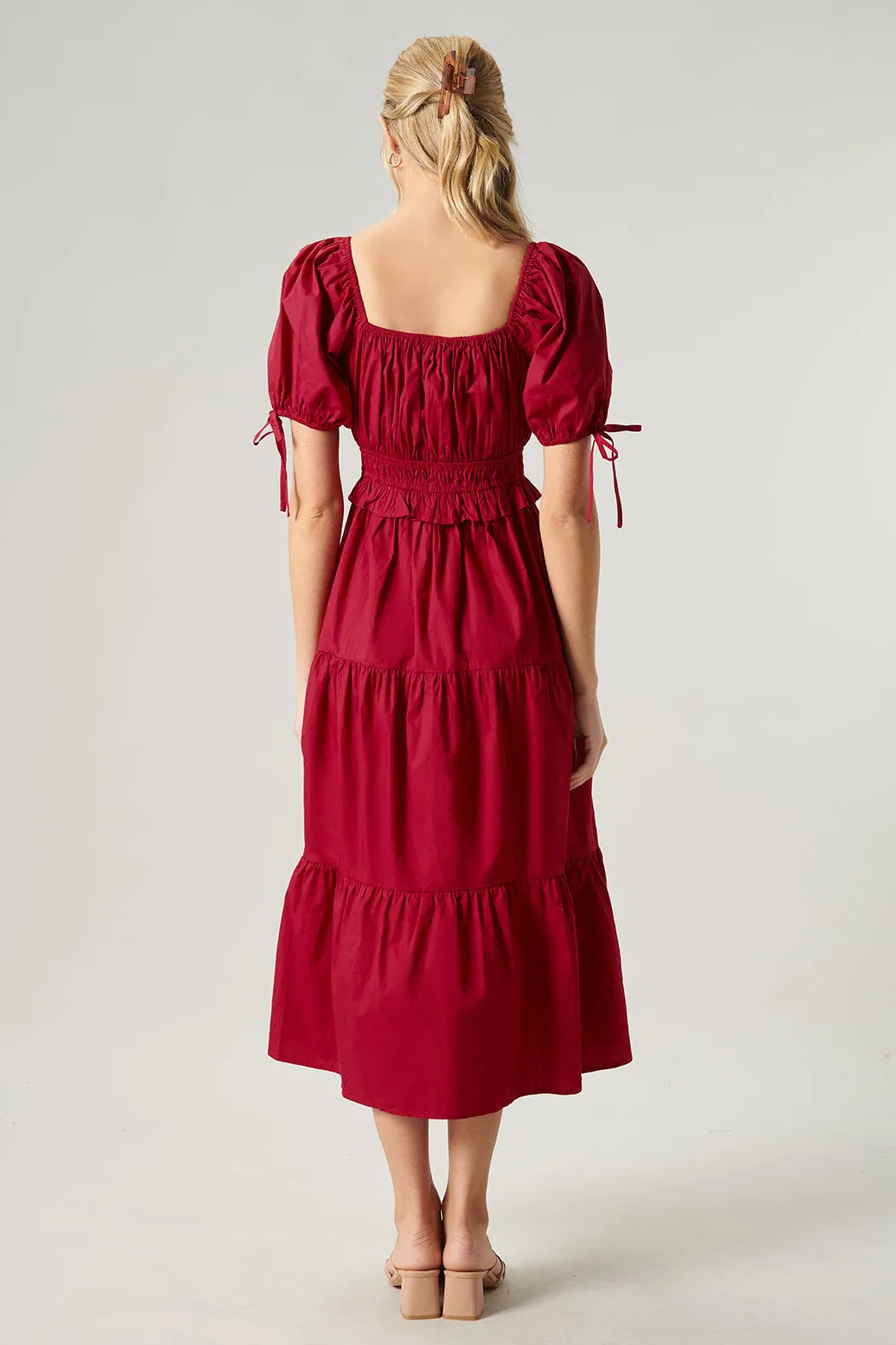 Maribeth Poplin Puff Sleeve Tiered Midi Dress