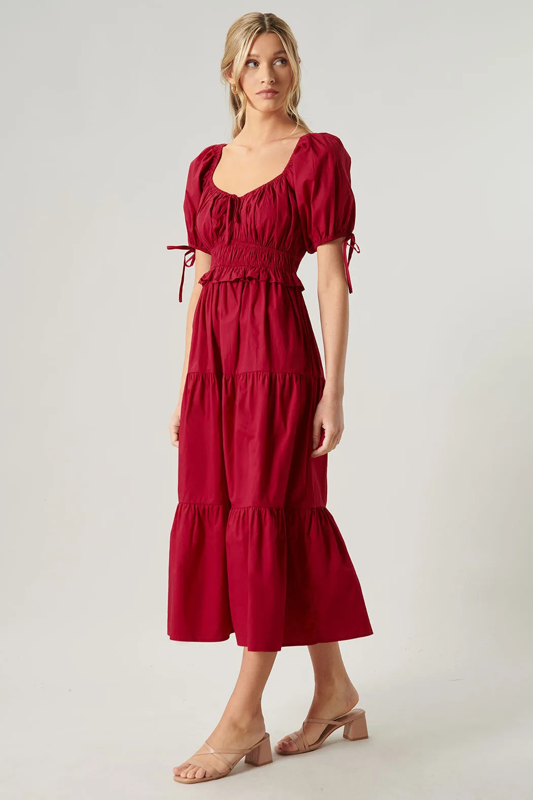 Maribeth Poplin Puff Sleeve Tiered Midi Dress