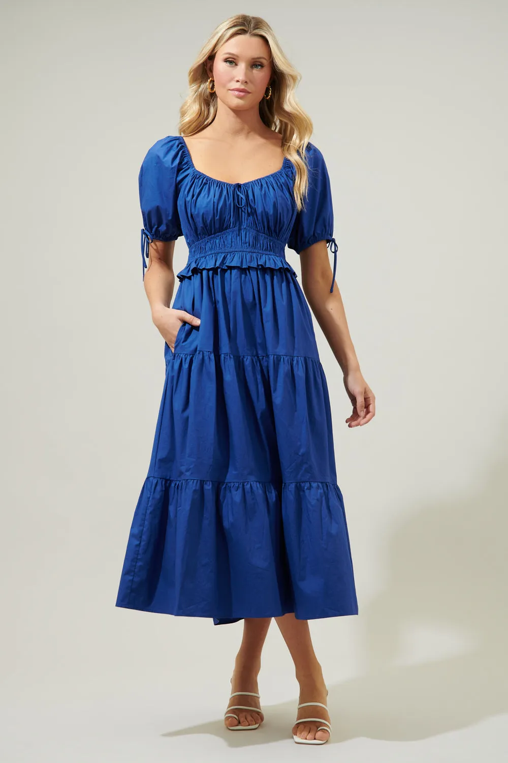 Maribeth Poplin Puff Sleeve Tiered Midi Dress