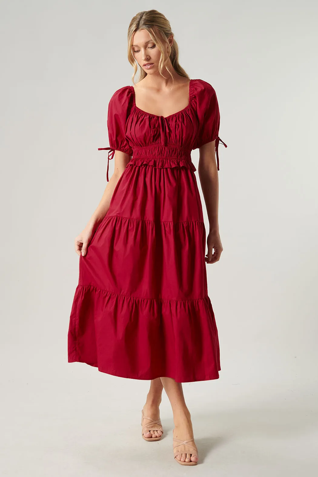 Maribeth Poplin Puff Sleeve Tiered Midi Dress