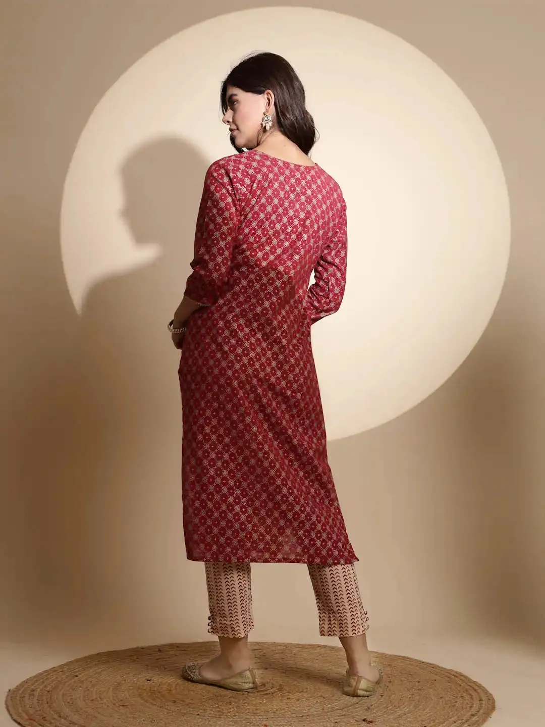 Maroon Embroidery Print Three Fourth Sleeve Cotton Kurta Set