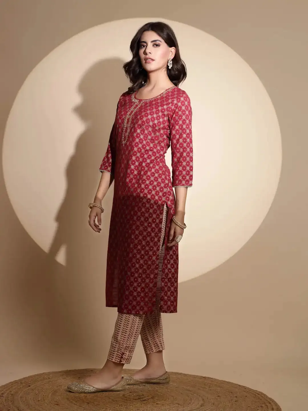 Maroon Embroidery Print Three Fourth Sleeve Cotton Kurta Set