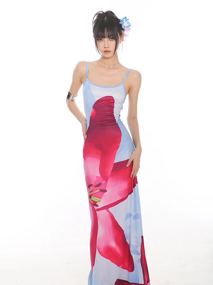 Maxi Floral Sheath Dress with Crisscross Back