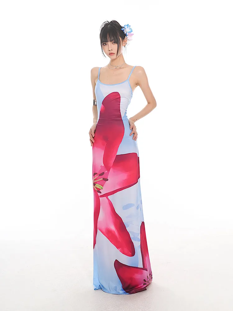 Maxi Floral Sheath Dress with Crisscross Back
