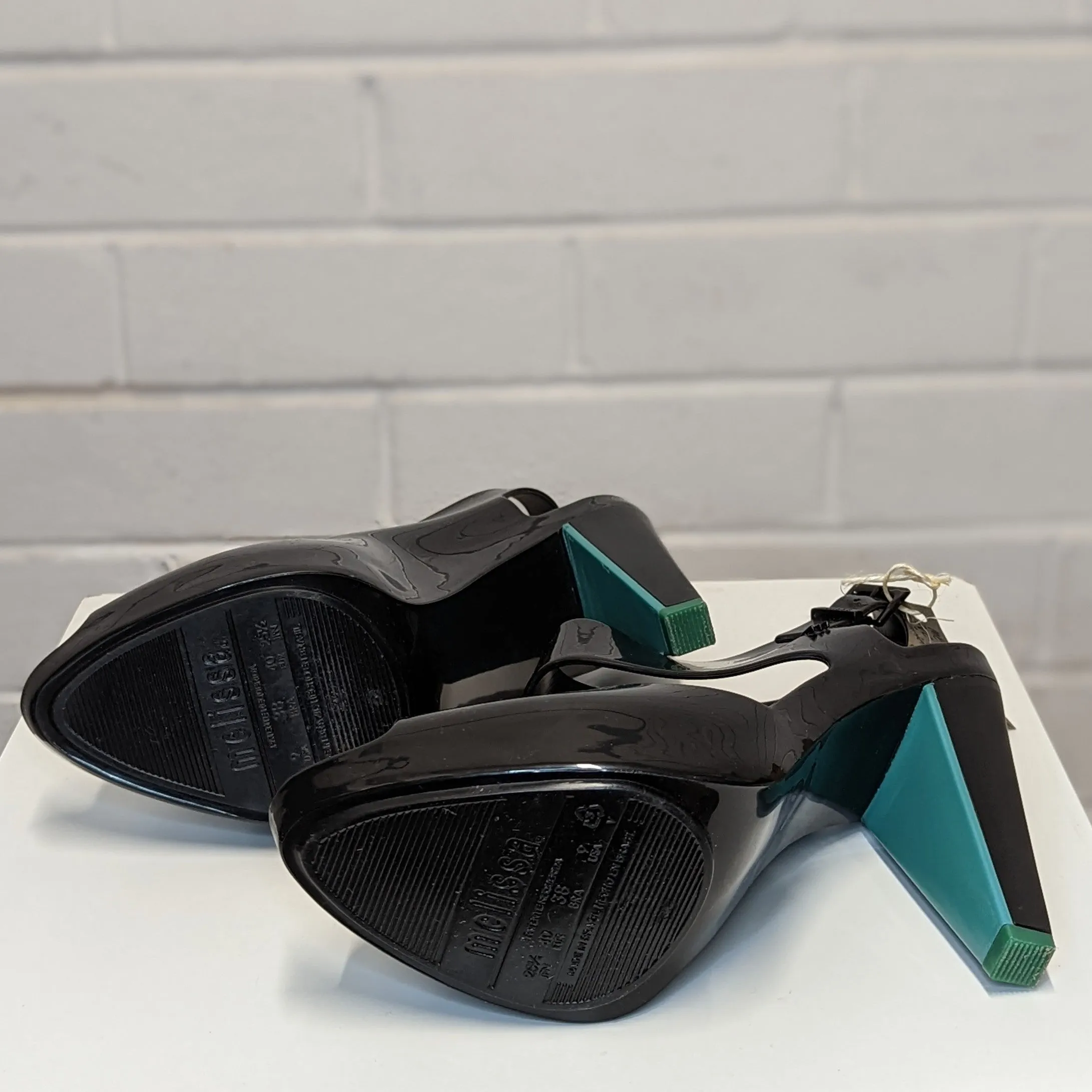 Melissa   Matsuo Estrelicia Peep Toe Jelly Heels with Teal Greel Heel