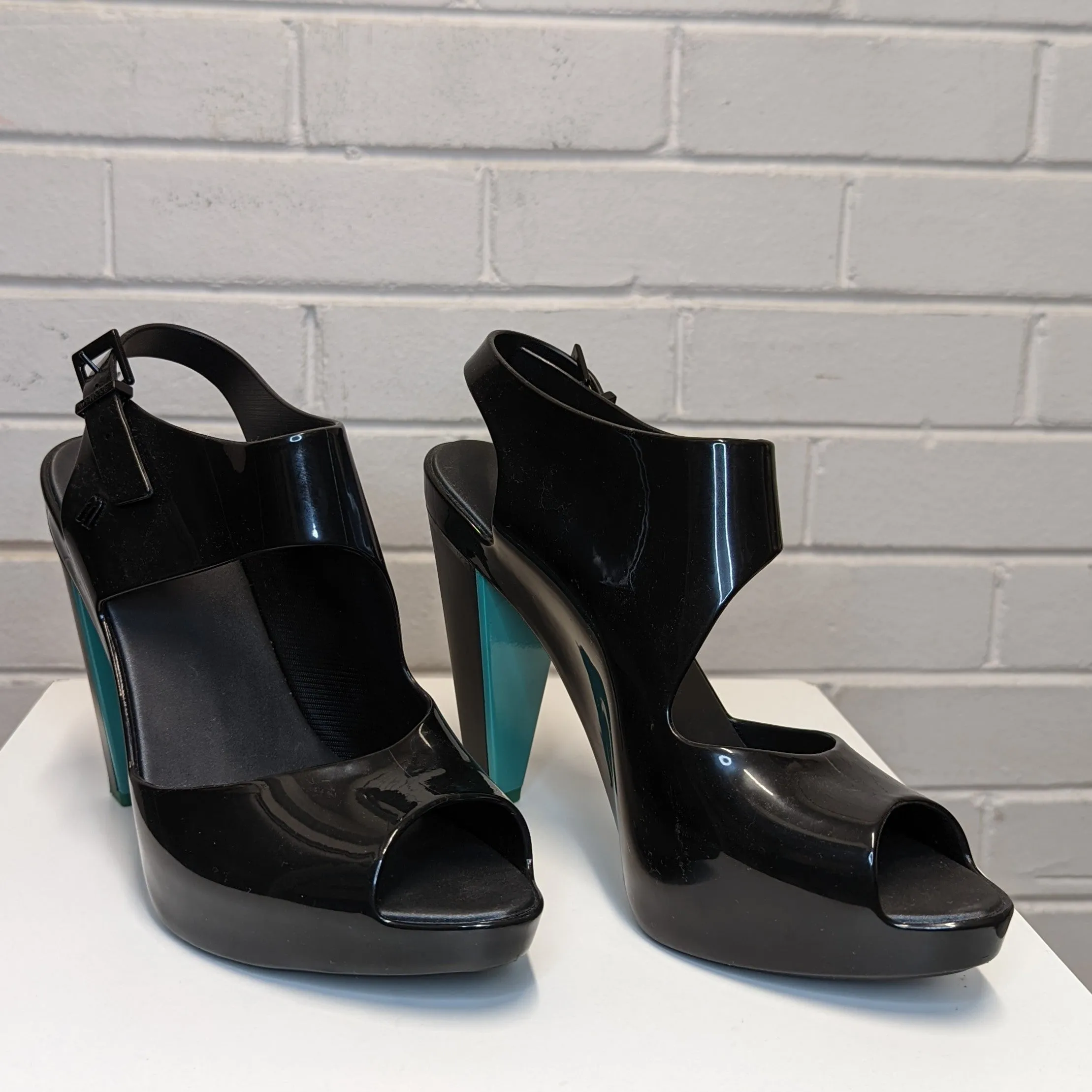 Melissa   Matsuo Estrelicia Peep Toe Jelly Heels with Teal Greel Heel