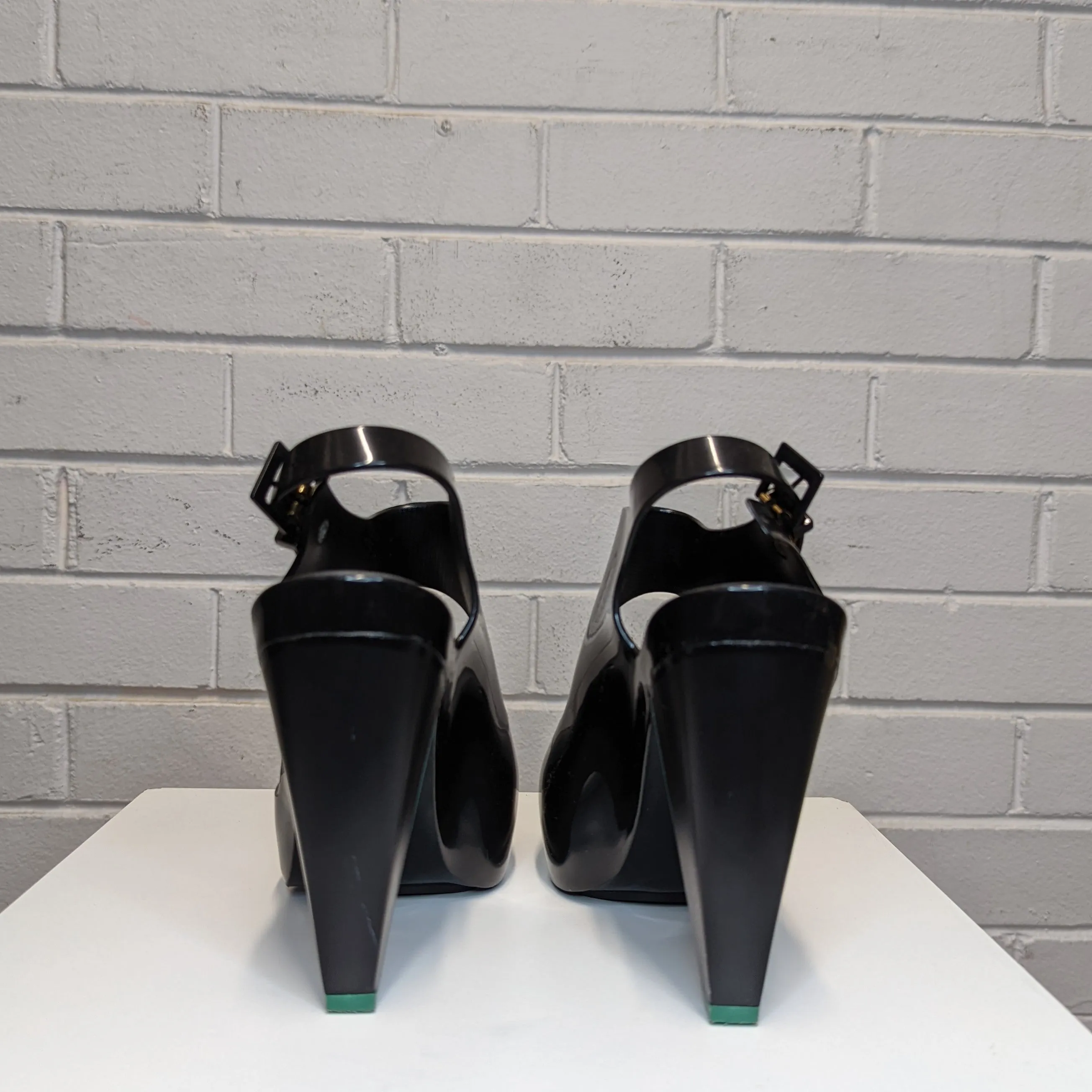 Melissa   Matsuo Estrelicia Peep Toe Jelly Heels with Teal Greel Heel