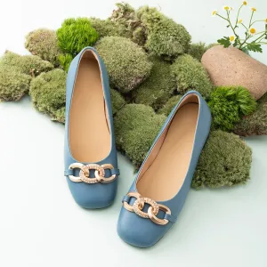 Metal Chain Detailed Leather Loafers for Women Black/Blue