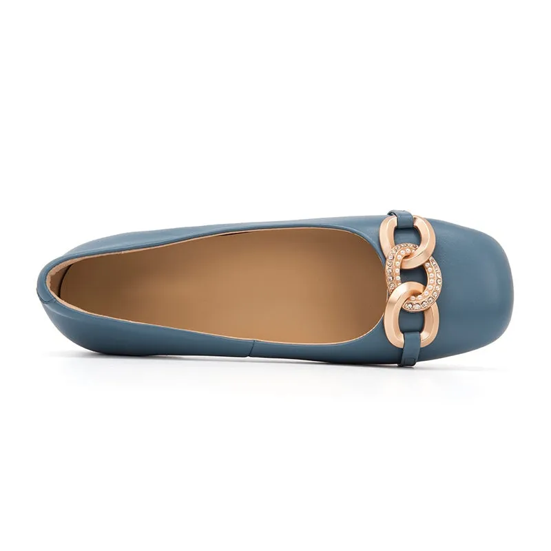 Metal Chain Detailed Leather Loafers for Women Black/Blue