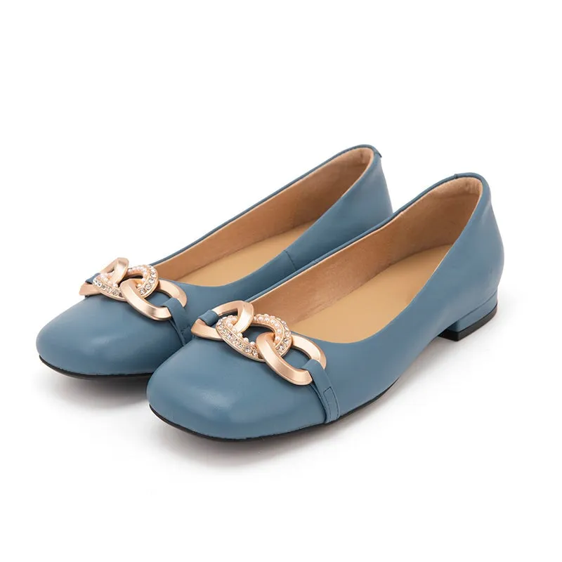 Metal Chain Detailed Leather Loafers for Women Black/Blue