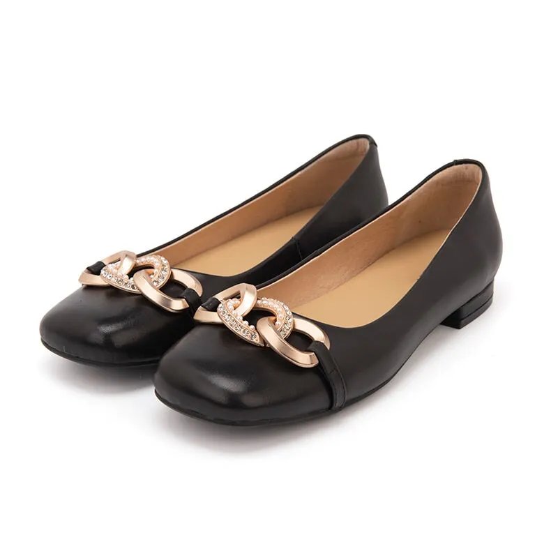 Metal Chain Detailed Leather Loafers for Women Black/Blue
