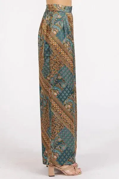 Mittoshop Paisley Patchwork Print Satin Wide Leg Pants