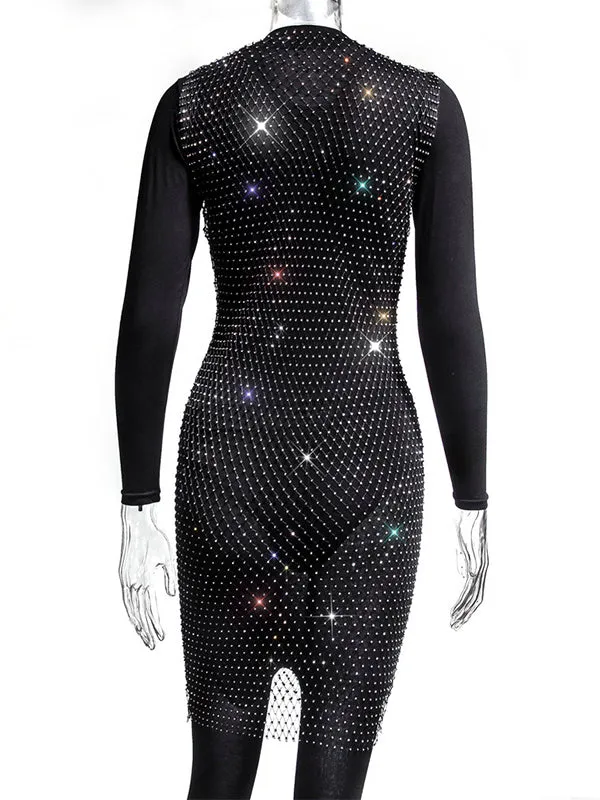 Momyknows Off Shoulder Fishnet Rhinestone Clubwear Beach Cover Up Photoshoot Maternity Mini Dress