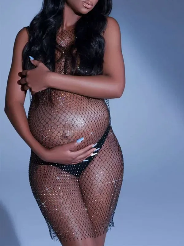 Momyknows Off Shoulder Fishnet Rhinestone Clubwear Beach Cover Up Photoshoot Maternity Mini Dress