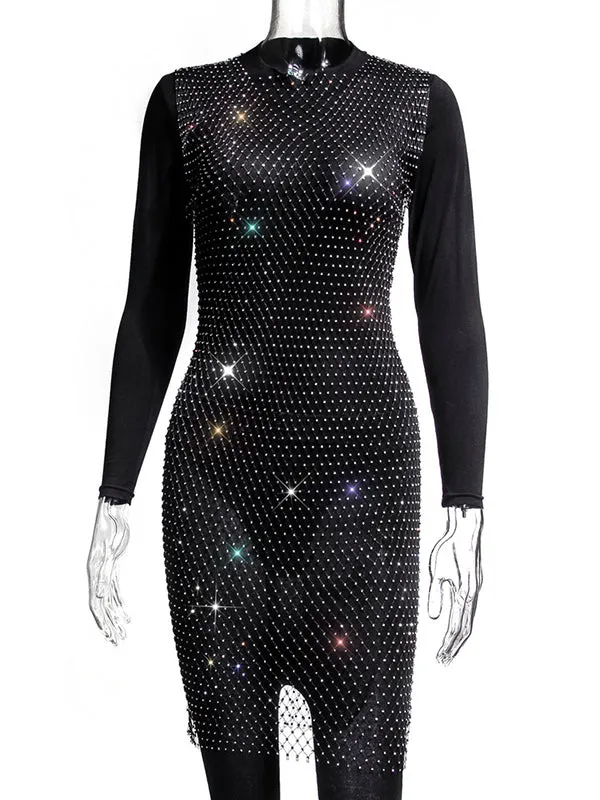 Momyknows Off Shoulder Fishnet Rhinestone Clubwear Beach Cover Up Photoshoot Maternity Mini Dress