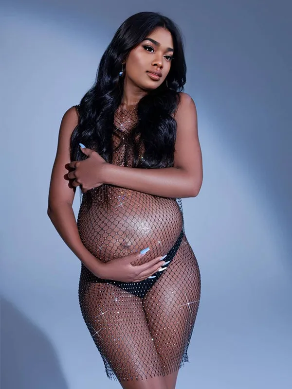 Momyknows Off Shoulder Fishnet Rhinestone Clubwear Beach Cover Up Photoshoot Maternity Mini Dress