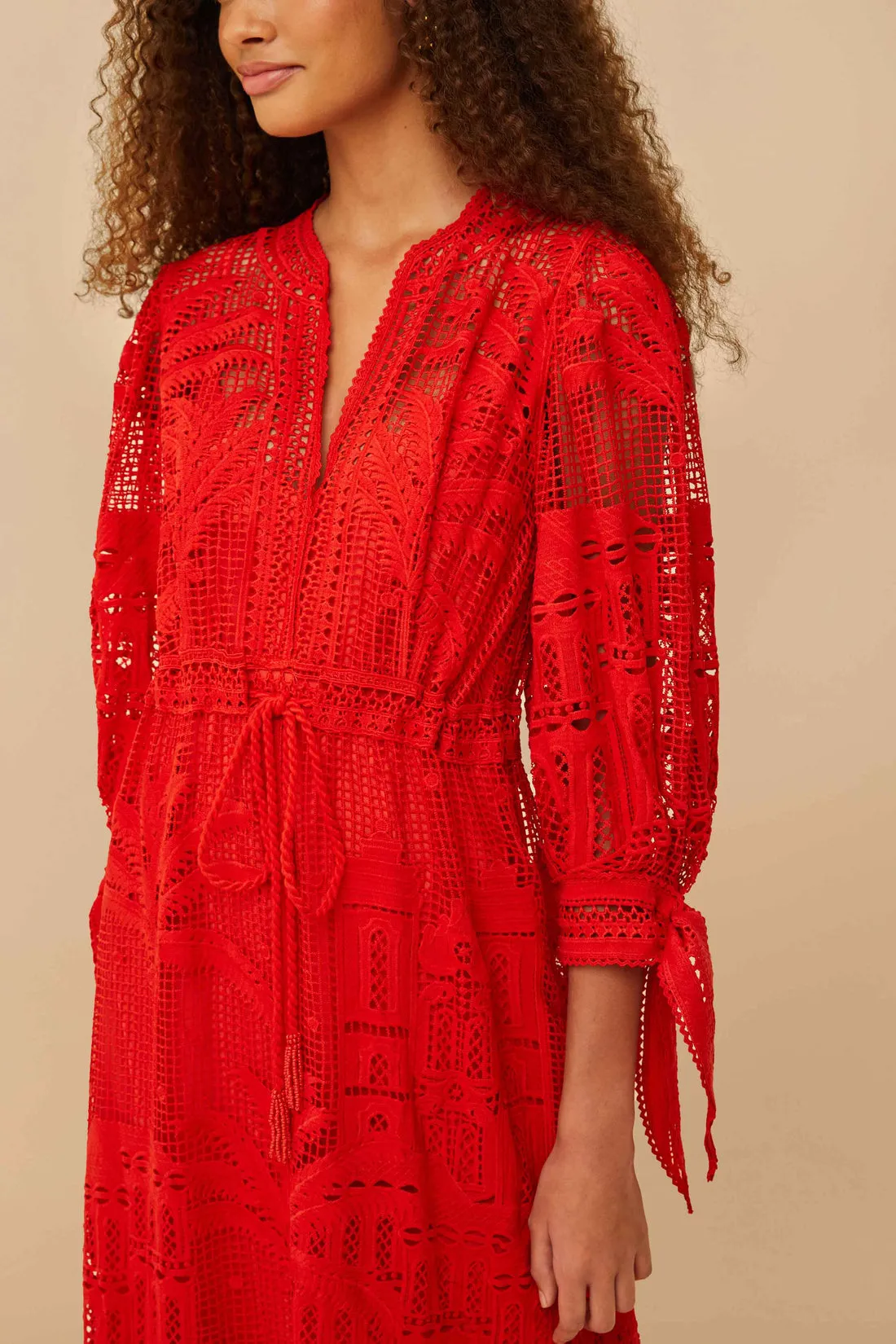 Morada Boa Red Guipure Lace Maxi Dress