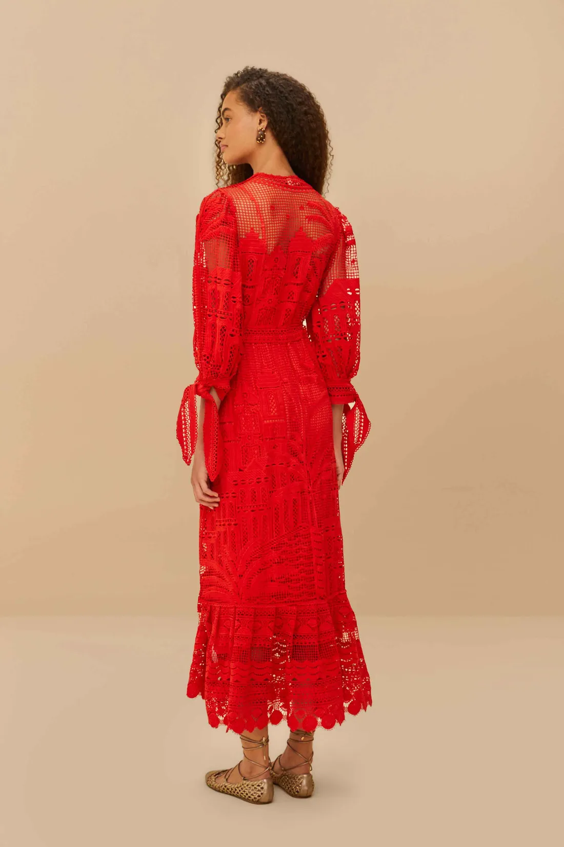Morada Boa Red Guipure Lace Maxi Dress