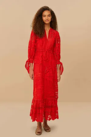Morada Boa Red Guipure Lace Maxi Dress