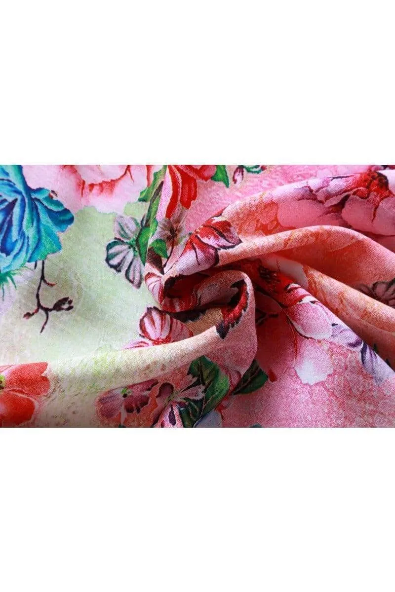Multicoloured Scoop Neck with Blooming Pink Red and Peach Peony Bell Sleeve Top