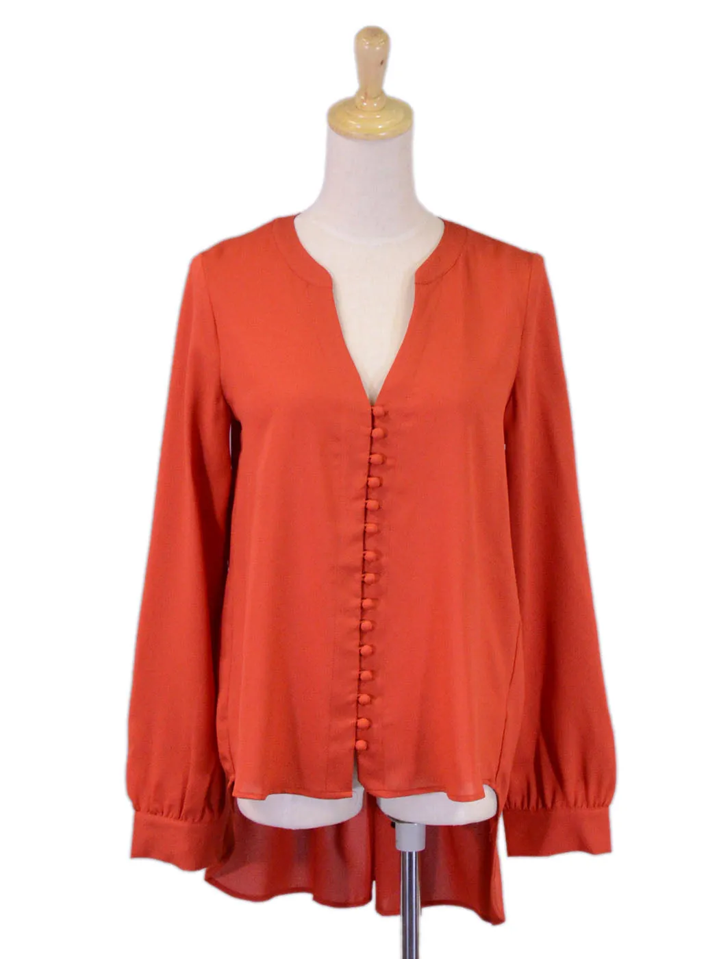Naked Zebra Band Collar Front Button Up Long Sleeved High Low Woven Blouse