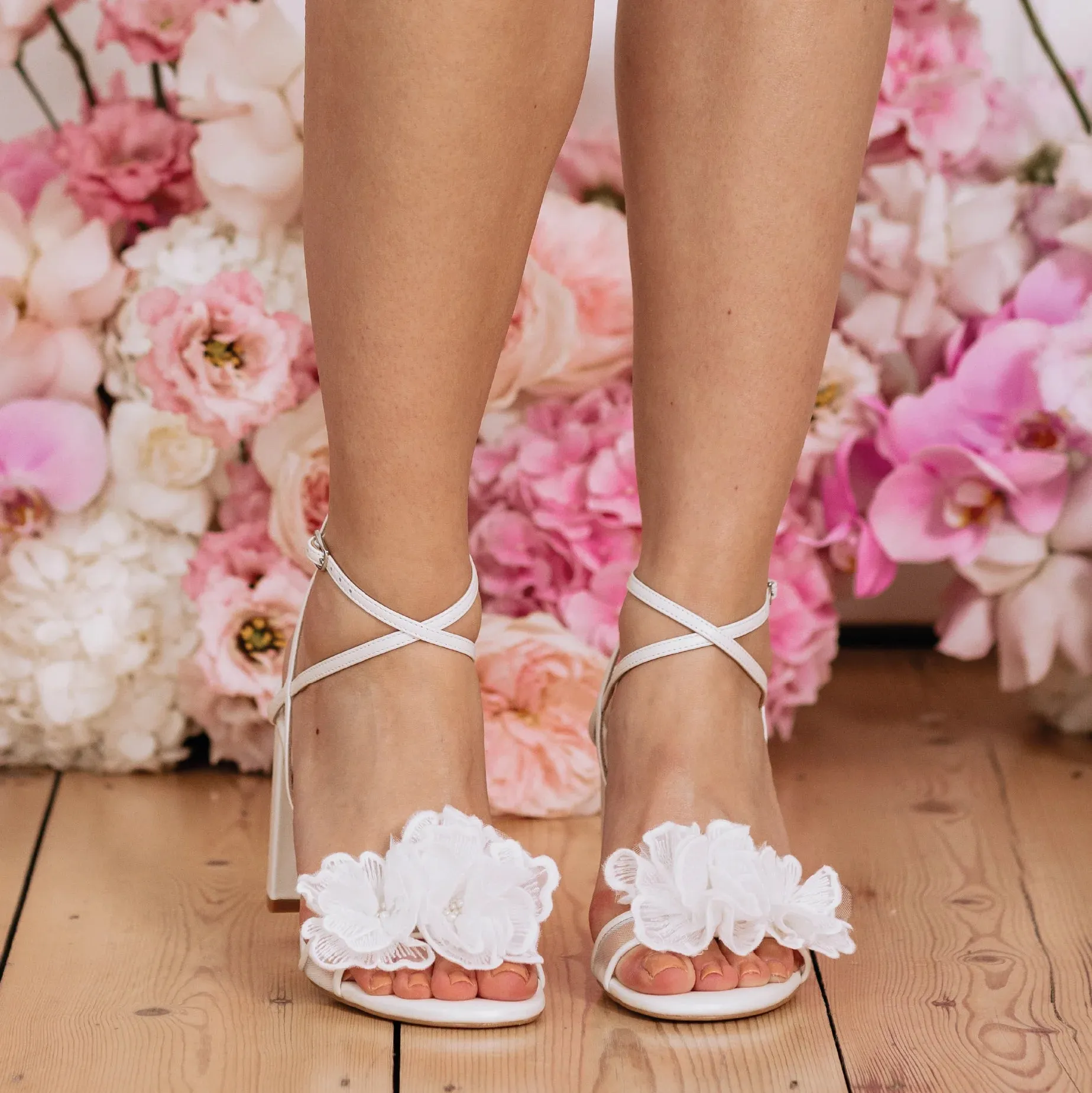 Nella - Flower & Pearl Bridal Low Bridal Block Heels - Ivory