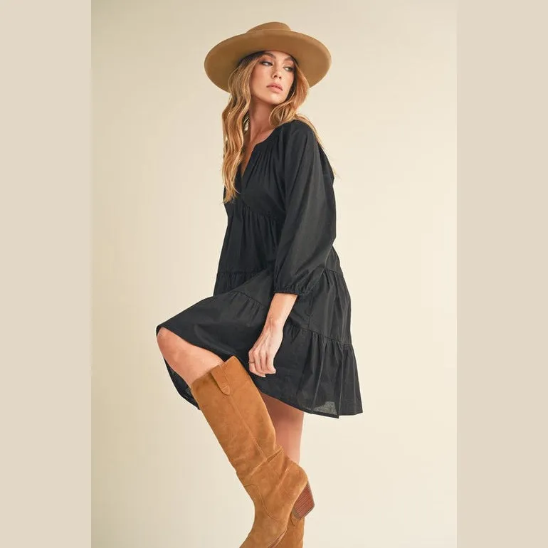 Notched Balloon Sleeve Tiered Mini Dress