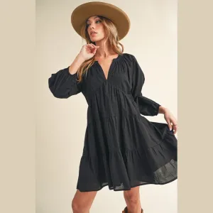 Notched Balloon Sleeve Tiered Mini Dress