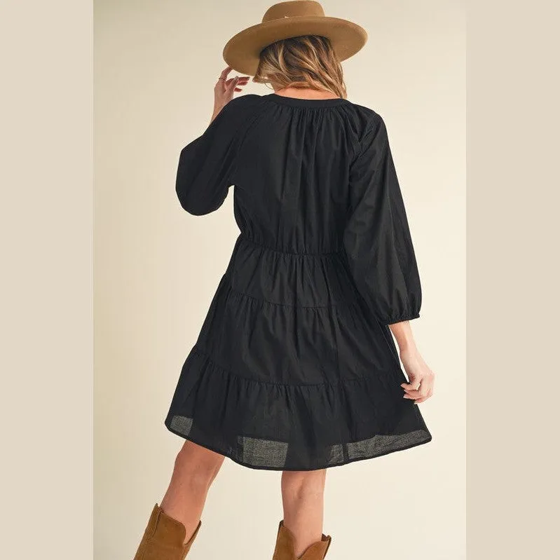 Notched Balloon Sleeve Tiered Mini Dress