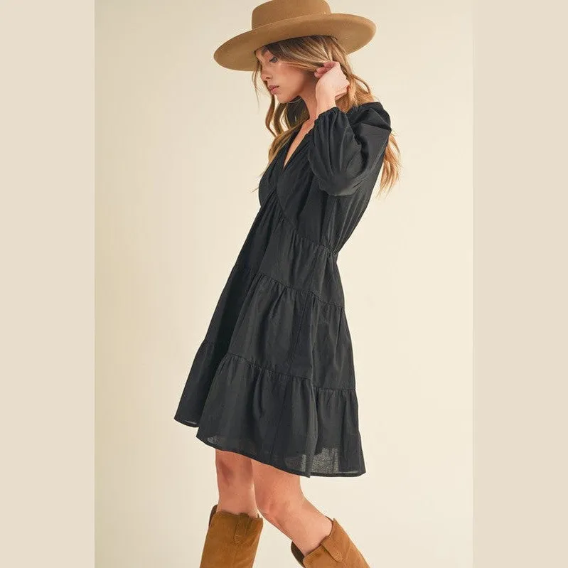 Notched Balloon Sleeve Tiered Mini Dress