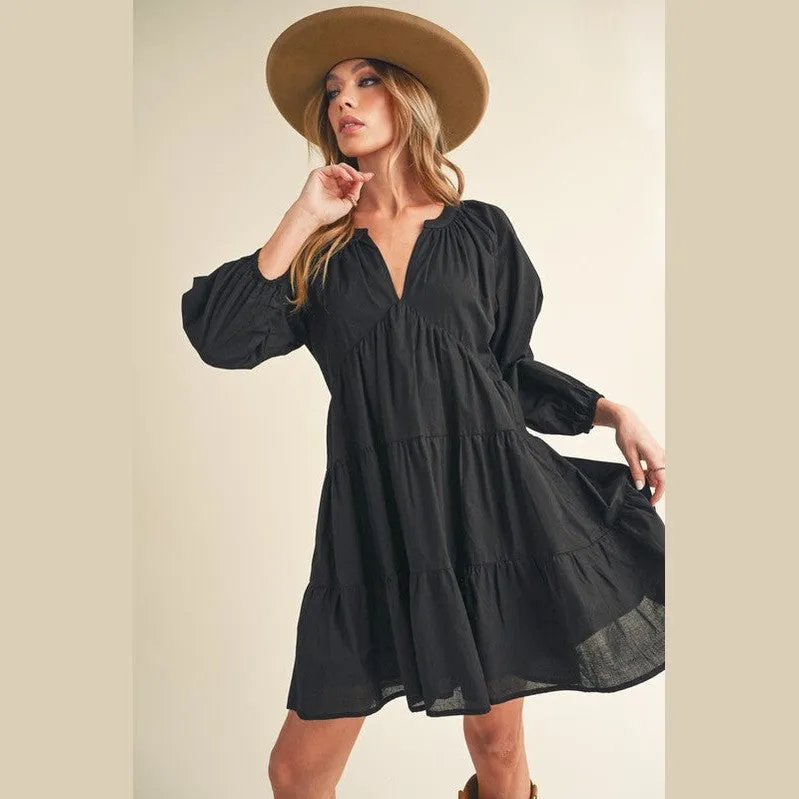 Notched Balloon Sleeve Tiered Mini Dress