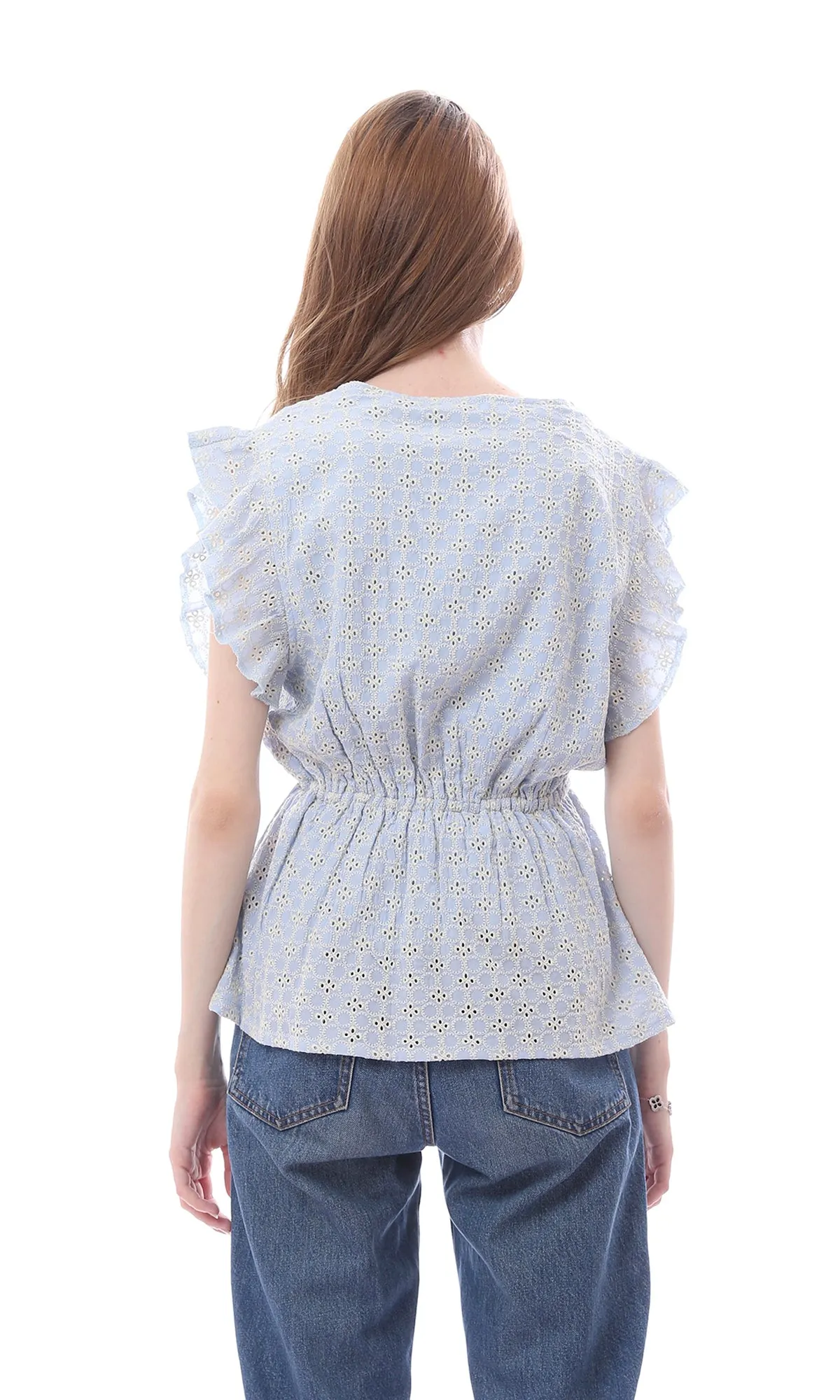 O166510 Pastel Blue & Beige Blouse Cap Sleeves With Elastic Waist