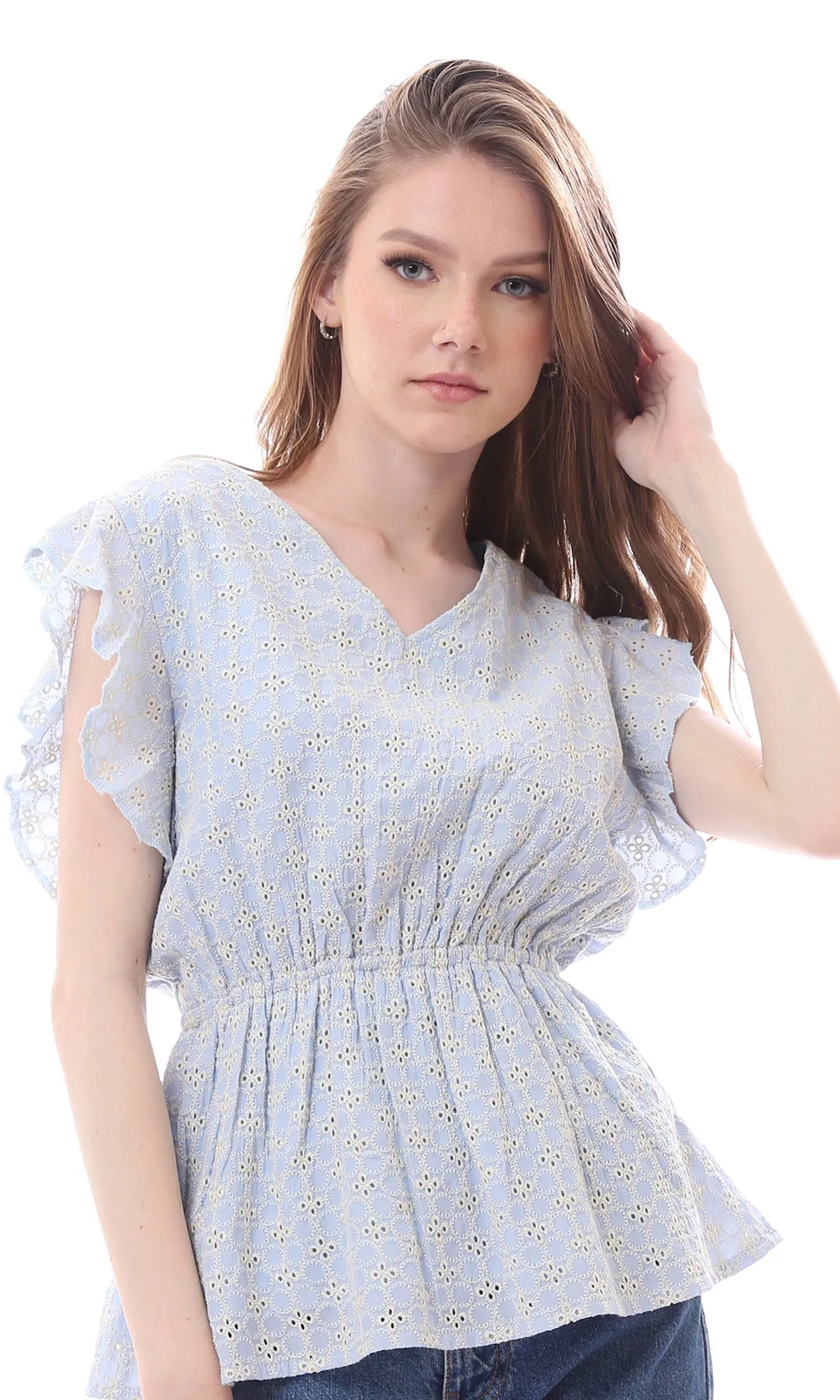 O166510 Pastel Blue & Beige Blouse Cap Sleeves With Elastic Waist