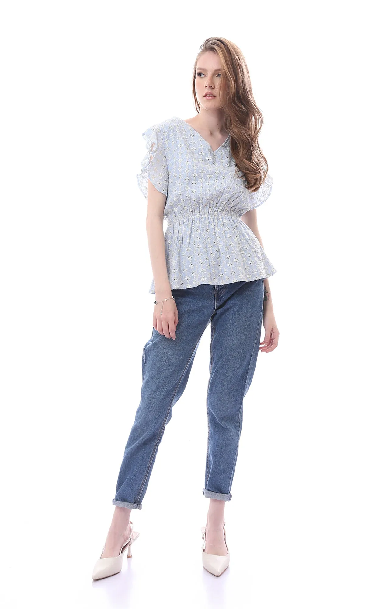 O166510 Pastel Blue & Beige Blouse Cap Sleeves With Elastic Waist
