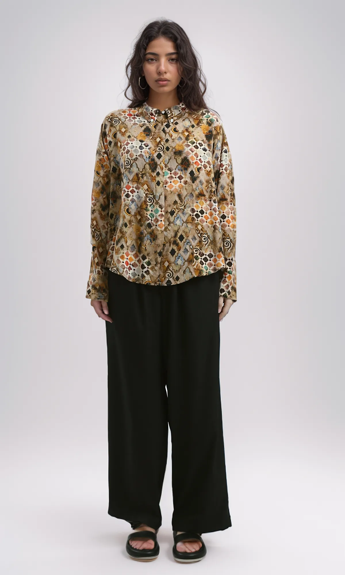 O191929 Buttons Down Gold & Black Long Sleeves Evening Shirt