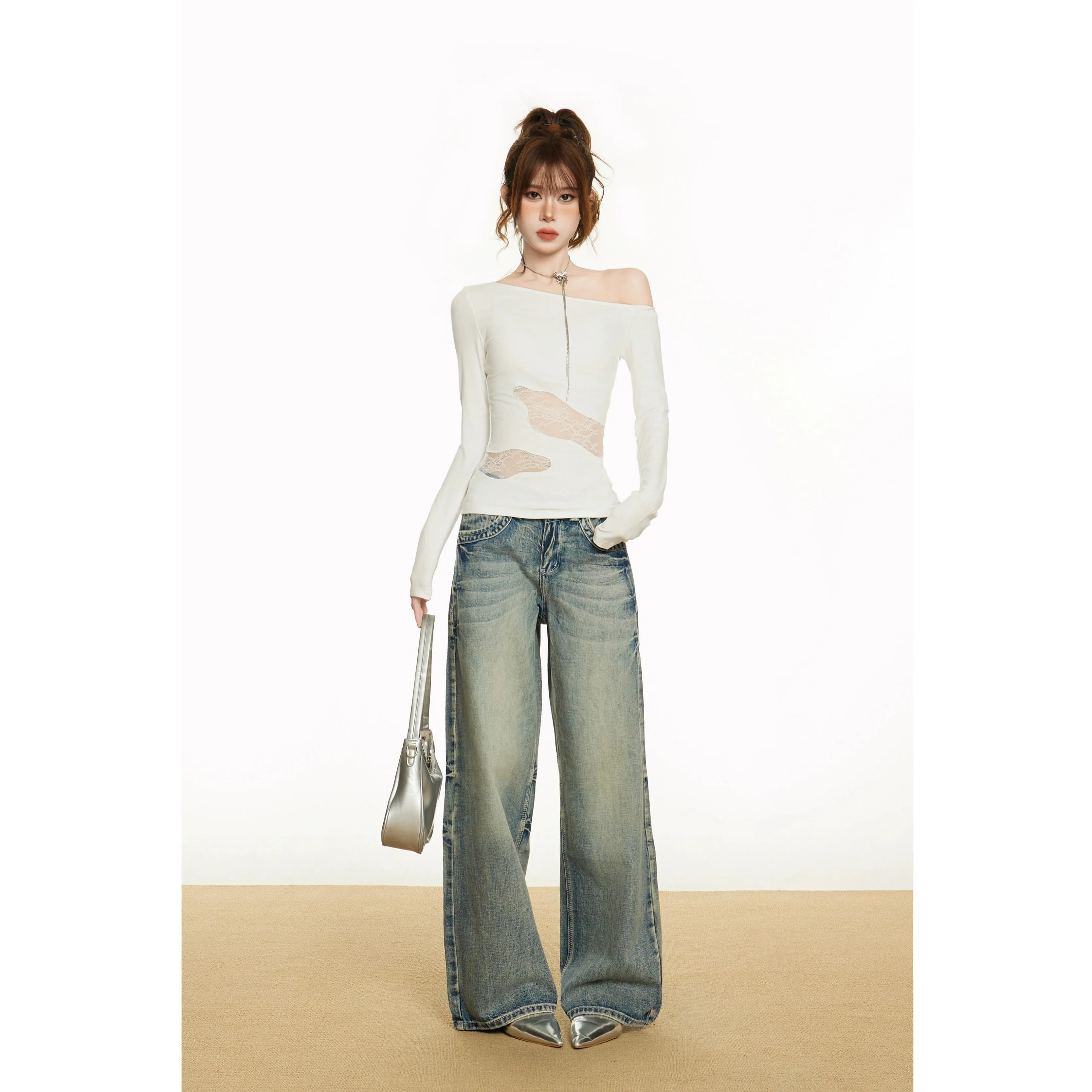 Off-Shoulder Lace Panel Long Sleeve Top